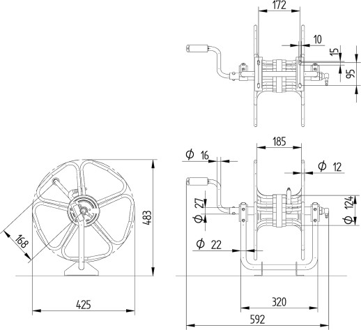 Катушка из стали для шланга с креплением к стене, потолку или полу